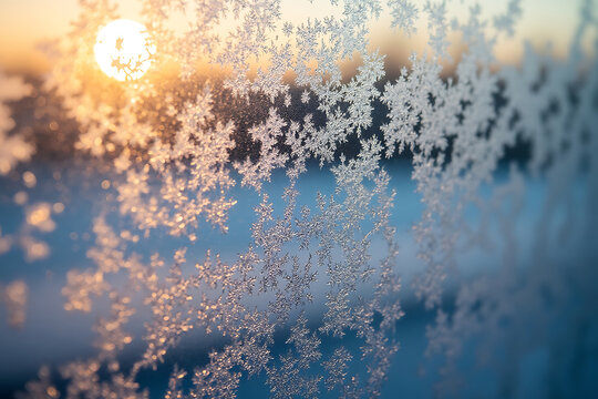 Close up snowflake ice crystals on window in winter with sunlight shining through