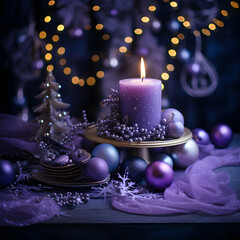 Purple winter arrangement with candle and Christmas decorations - festive decor in purple and blue tones with Christmas balls and branches