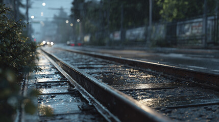 A rainy day on the train track, the focus on the metal rails leading into the distance. The street is wet from the rainfall, and lights shine through the mist