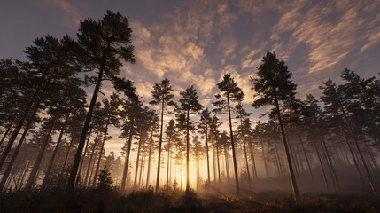 Fototapeta premium The sun's golden rays filter through a misty forest, creating a breathtaking landscape