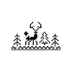 Pixelated Deer with Christmas Tree Winter Landscape on a White Background