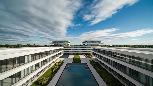 Modern Corporate Office Campus with Reflecting Pools and Contemporary Architecture Under a Cloudy Blue Sky - Aerial View of a Business Hub and Green Landscape