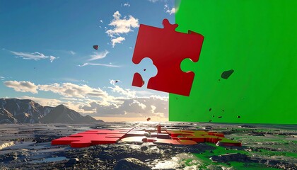 Red puzzle pieces float above a colorful broken puzzle on a rocky landscape, against a bright sky and green screen