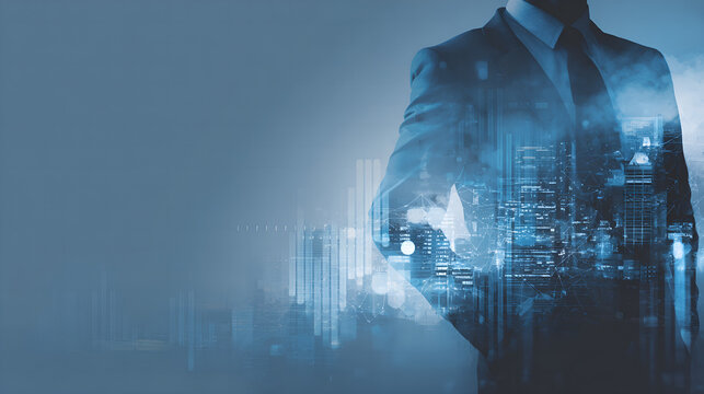 Business technology concept with businessman and digital city skyline background