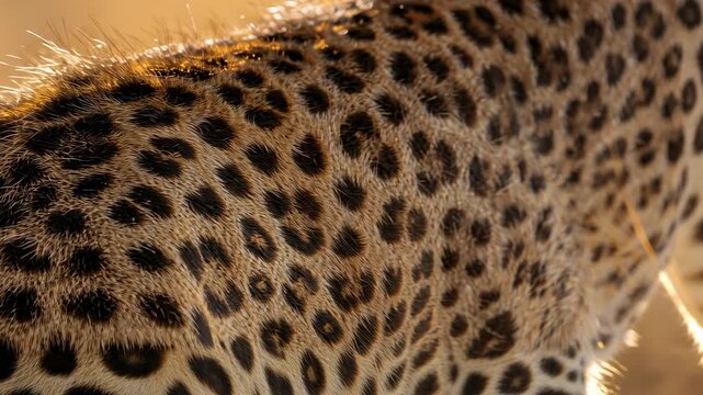 Shifting weight sending leopard flank advancing through sunlit savanna, accentuating tawny rosettes