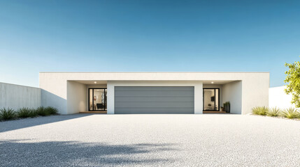 Modern garage entrance with clean lines and bright sky creating a serene atmosphere