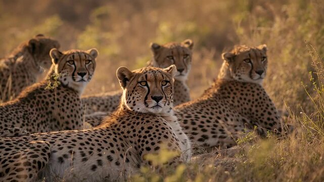 Grasses rustling spurring lead cheetah pivoting head upward and scanning grassland at sunset