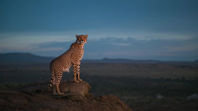 Responding to dawn glow, solitary cheetah standing atop rocky outcrop, scanning savanna plains