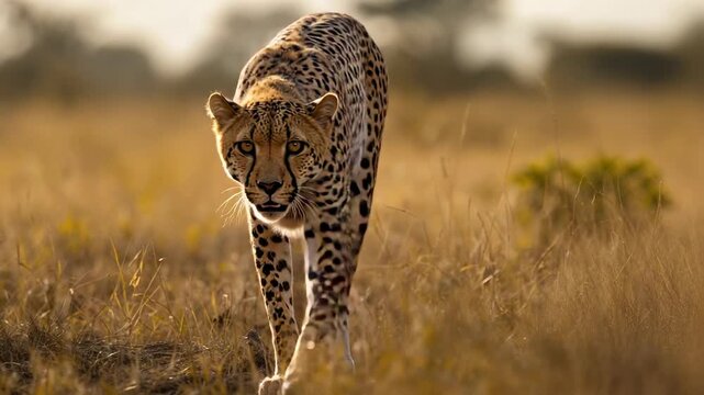 Emerging adult cheetah striding from tall golden grasses across savannah, showing stalking intent