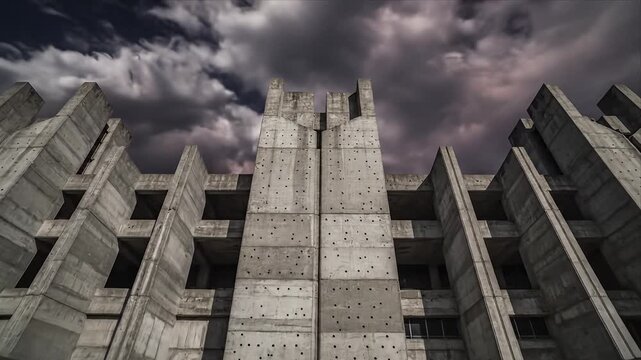 Towering Brutalist Concrete Building Under Ominous Stormy Sky Dramatic Low Angle View of Modern Stark and Imposing Geometric Architecture Urban Landscape