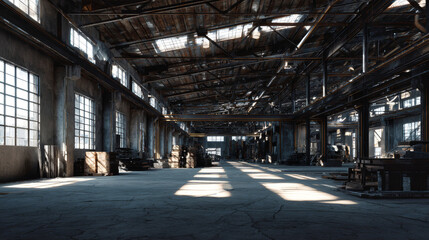 Obraz premium Industrial warehouse with large windows and sunlight streaming in during the morning