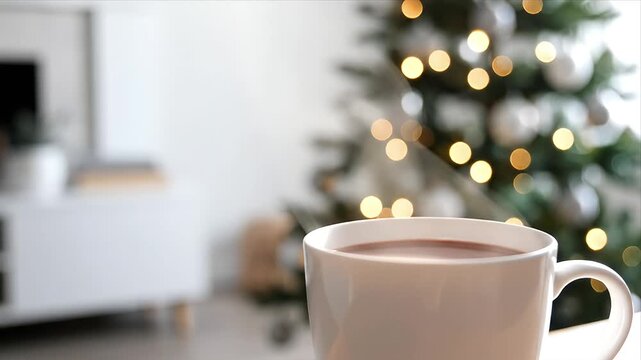 Warm Hot Cocoa Drink in a White Ceramic Mug Set Against a Beautifully Blurred Christmas Tree Adorned with Festive Golden Bokeh Lights Creating a Cozy Holiday