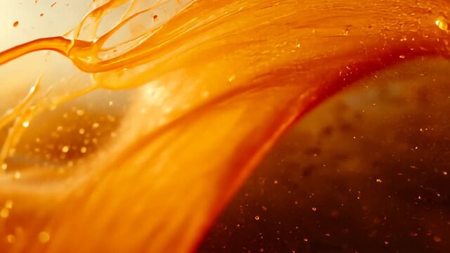 Propelling glossy orange liquid wave into studio, catching warm backlight and spraying droplets
