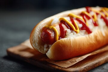 Close-up of a classic American hot dog in a soft bun, topped with mustard and ketchup