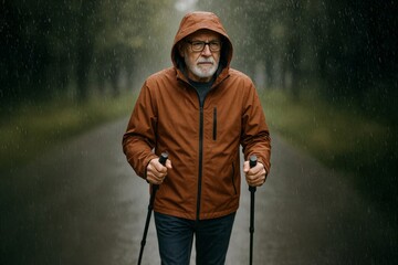 Elderly man walking in the rain with hiking poles wearing waterproof jacket