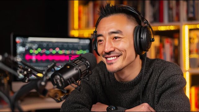 Content creator talking into a professional microphone during a live stream broadcast