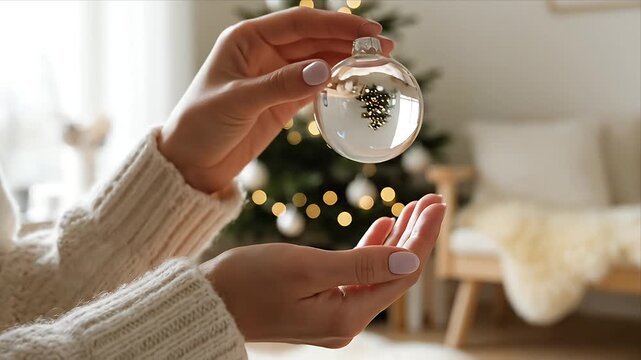 Close up of female hands holding a shimmering glass Christmas ornament reflecting a beautifully decorated tree with warm lights in a cozy festive home during