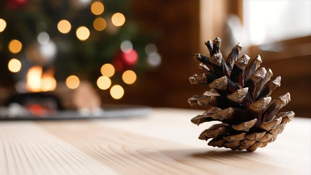 Cozy Holiday Scene Pinecone on Wooden Table with Blurry Christmas Tree Lights and Warm Fireplace Bokeh Background Winter Festive Atmosphere
