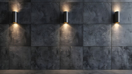 Graphite tiles on the wall with three modern black lamps with warm lighting lighting. Concept of minimalist backgrounds for design, advertising of architectural projects.