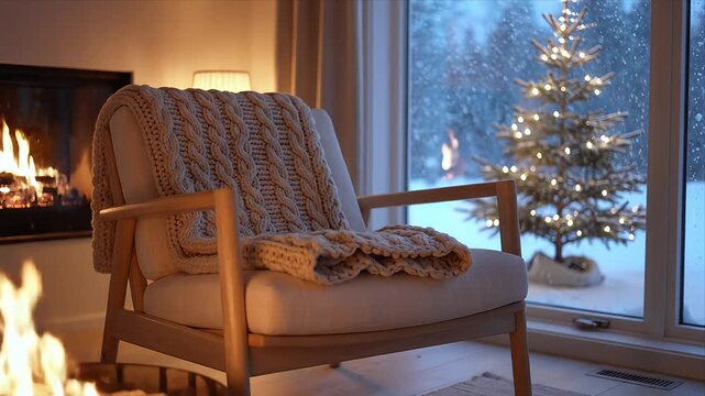 Ultimate Cozy Winter Hygge Scene Fireplace Glow Warm Armchair Chunky Knit Blanket and Snowy Outdoor Christmas Tree