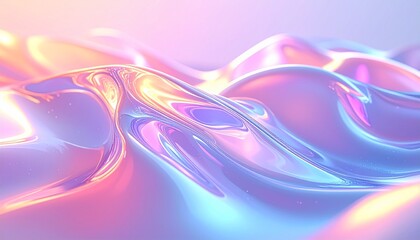 Abstract background of flowing iridescent liquid metal waves with holographic neon colors and a smooth glossy surface