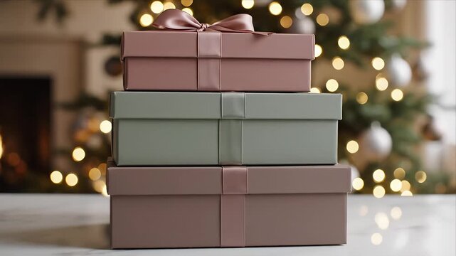 Stack of elegant Christmas gift boxes with ribbons and bows in festive colors set against a beautifully blurred background of twinkling holiday lights