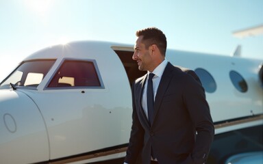 Businessman in a suit boarding a small private plane at airport, businessman's business trip by airplane, financial concept. Generative AI. High quality