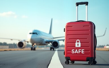A stylish suitcase with a security symbol stands on the runway, emphasizing safe travel near an airplane in the background. High quality