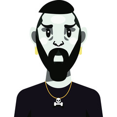 Pixel Art Portrait of a Man with Beard and Skull Necklace on Transparent Background Featuring Gold Hoop Earrings and a Dark Crew Neck Shirt