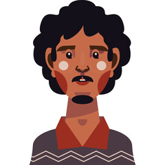Pixel Art Portrait of a Man with Curly Dark Hair Mustache and Beard Wearing a Patterned Sweater Against a Transparent Background