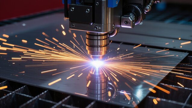 Close-up of CNC plasma cutting metal sheet with bright sparks and glowing arc. Perfect for illustrating metal fabrication, automation, and industrial technology