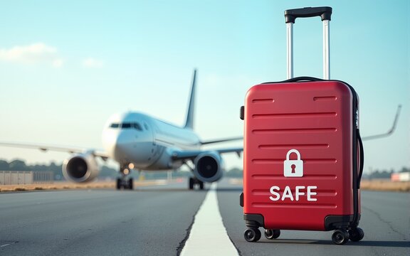 A stylish suitcase with a security symbol stands on the runway, emphasizing safe travel near an airplane in the background. High quality