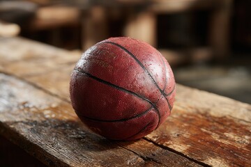 Close-up of a worn basketball with visible texture and scratches, placed on a rustic wooden floor