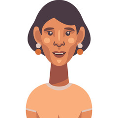 Pixel Art Portrait of a Woman with Short Dark Hair and Orange Earrings Wearing a Peach T-Shirt Against a White Background