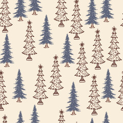 Christmas Tree Seamless Pattern. Xmas Wallpaper Template Vintage Style with Trees for Fabric, Banner, Poster, Cover, Postcard, Winter Design. Creative Winter Holiday Background Design.