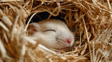 Hamster Bedding. White Dwarf Hamster Asleep in Nest of Paper and Straw, Grass, and Pearl