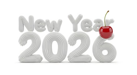 White 3d text new year 2026 with red cherry accent