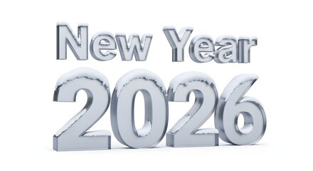 Silver new year 2026 text with snow on white background