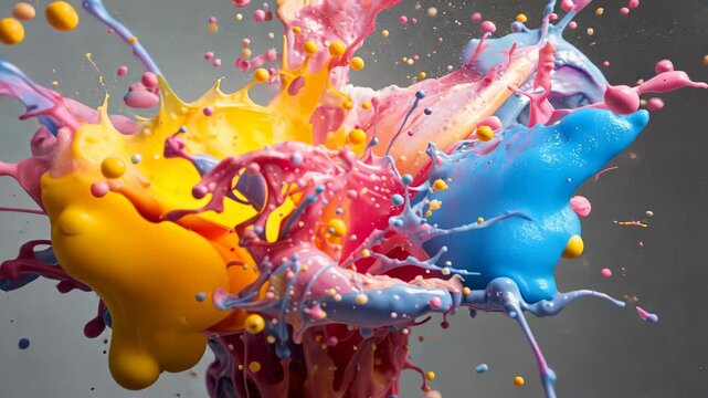Surging on cue pink yellow blue paint streams in studio colliding folding and settling droplets