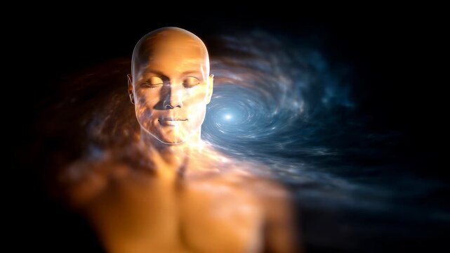 Futuristic cosmic human silhouette with swirling galaxy effect for mindfulness and science themes