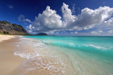 Obraz premium Hawaii Waimanalo Beach. Blue Waters and Colorful Coastline on a Sunny Day