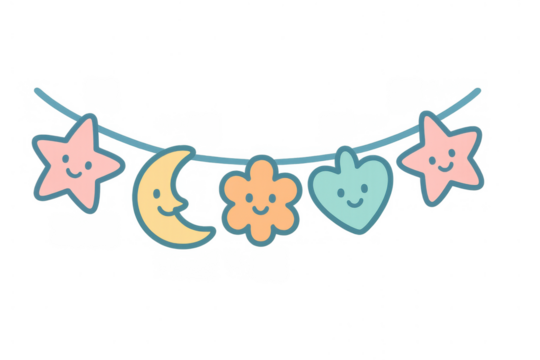 Pastel colored nursery garland with stars, moon, flower, heart, smiling faces, cute baby decor