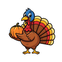 Cute Thanksgiving Turkey Holding Pumpkin Cartoon Illustration – Transparent PNG for Holiday Designs