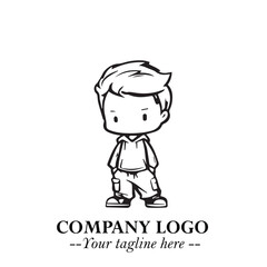 Black and White Chibi Boy Illustration with Jacket and Boots in Bold Thick Line Art Minimal Style
