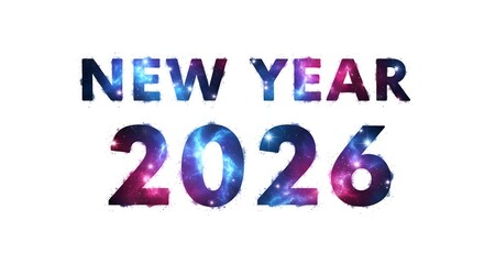 New year 2026 text with cosmic galaxy nebula background