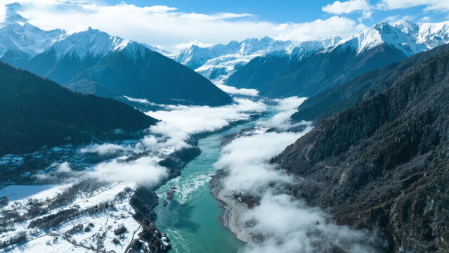 Aerial photography of snow mountain river valley magnificent natural scenery tourism promotion background