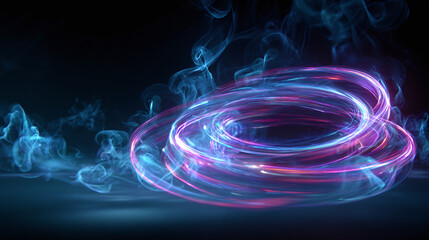Abstract swirling neon lights creating a mesmerizing effect with smoky ambiance