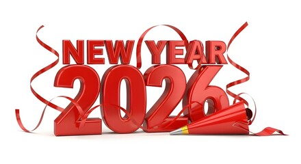 Bold red new year 2026 text with party streamers and horn