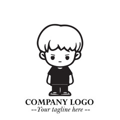 Black and White Chibi Boy Illustration with Jacket and Boots in Bold Thick Line Art Minimal Style
