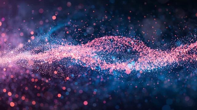 Drifting pink and blue dots clustering into glowing wave in virtual space, creating sinuous tunnel